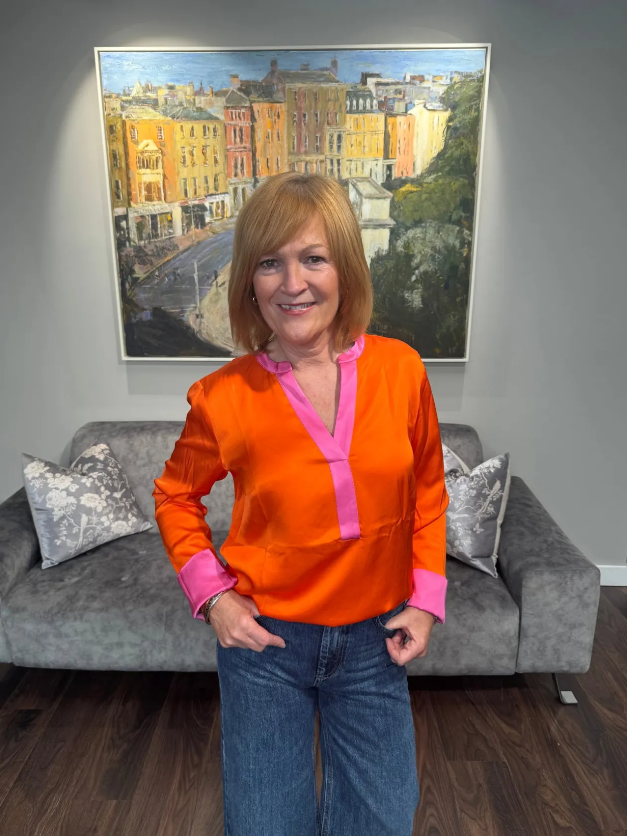 emily_orange_amp_pink_tri_1.webp EMILY Orange & Pink Trim Blouse