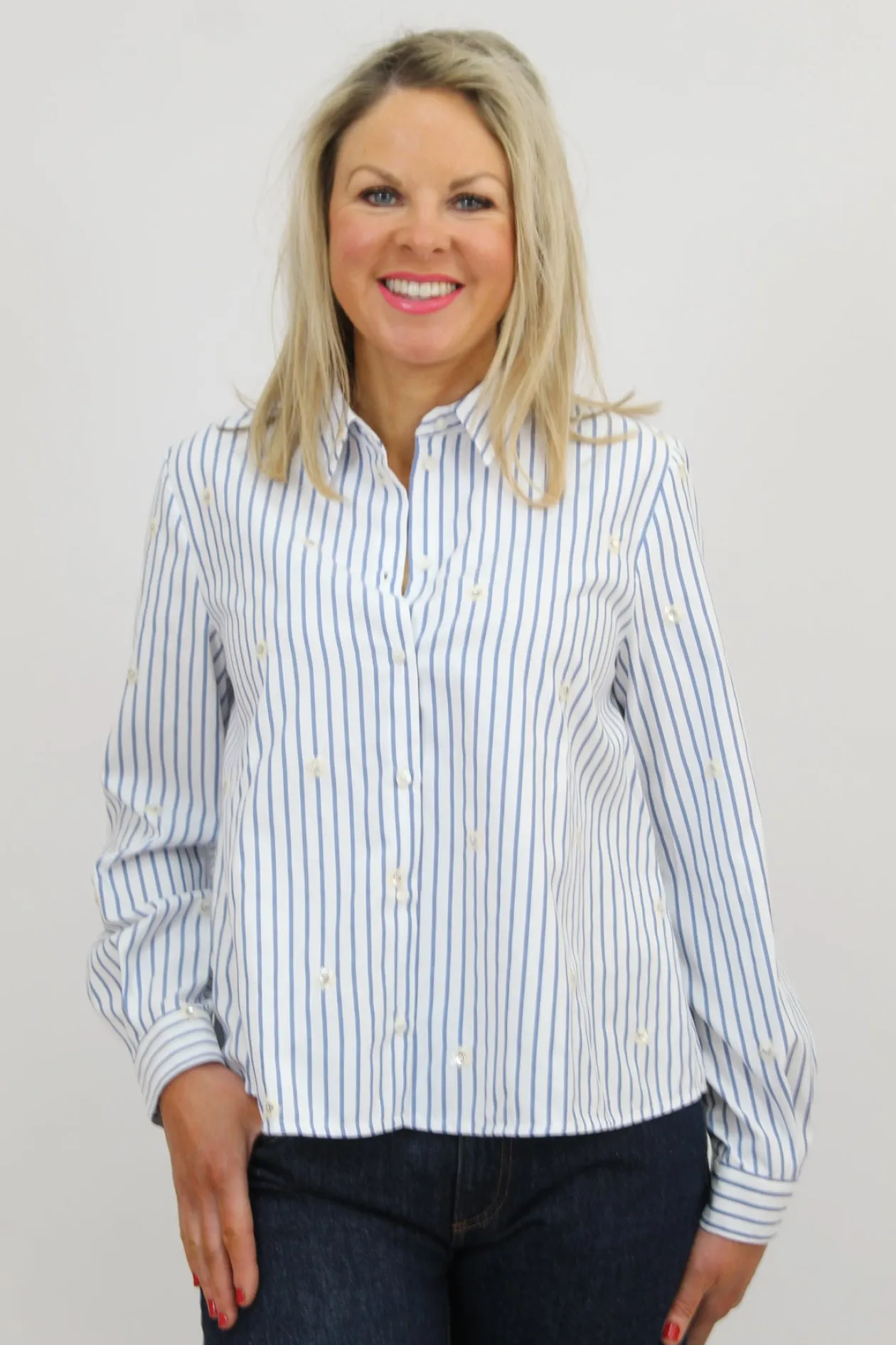 emme_blue_striped_shirt_w_1.webp EMME Blue Striped Shirt with Sequin Flowers