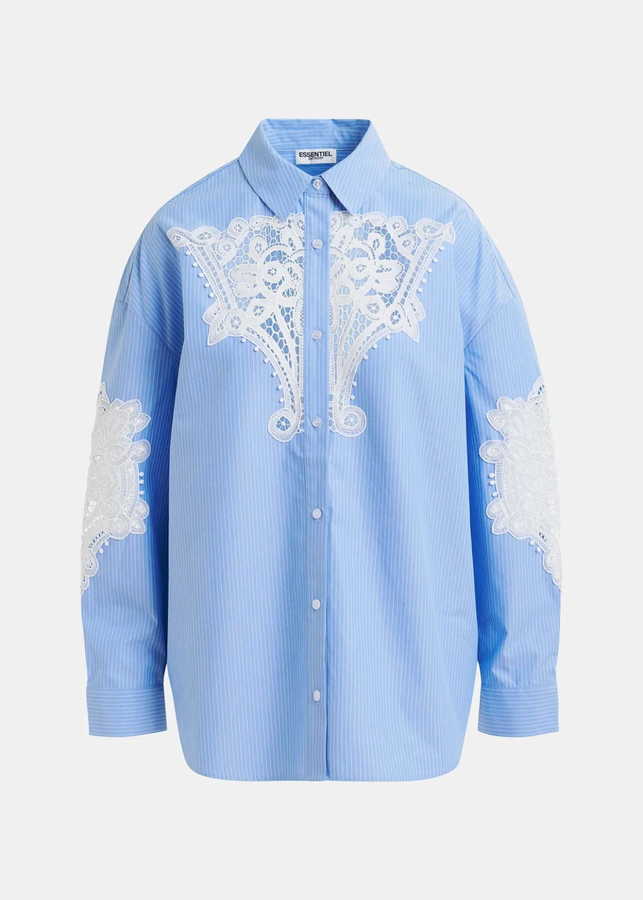 essentiel_blue_lace_panel_0-1.webp ESSENTIEL Blue Lace Panelled Shirt