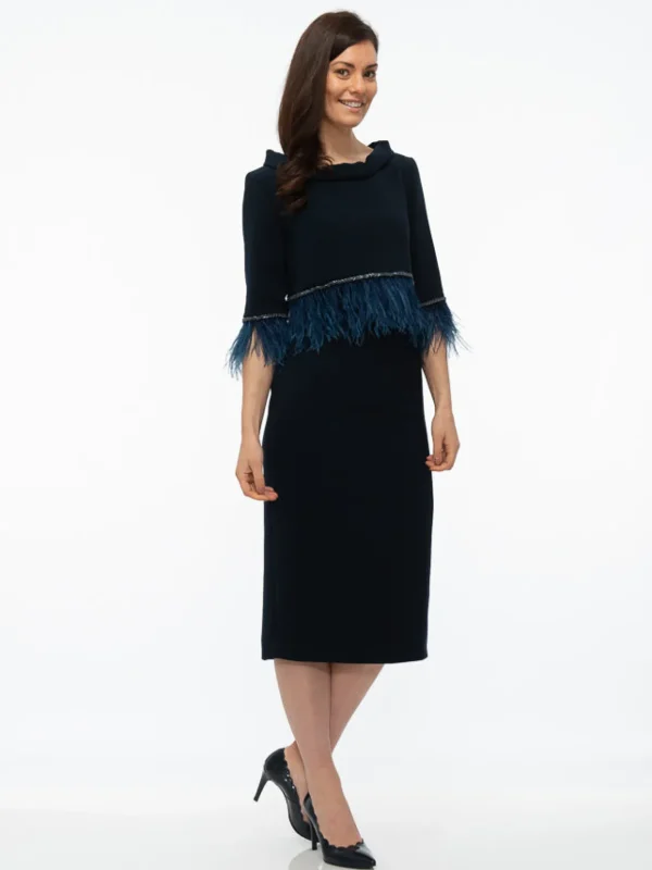 Fely Campo Navy Suit with Feather Trim