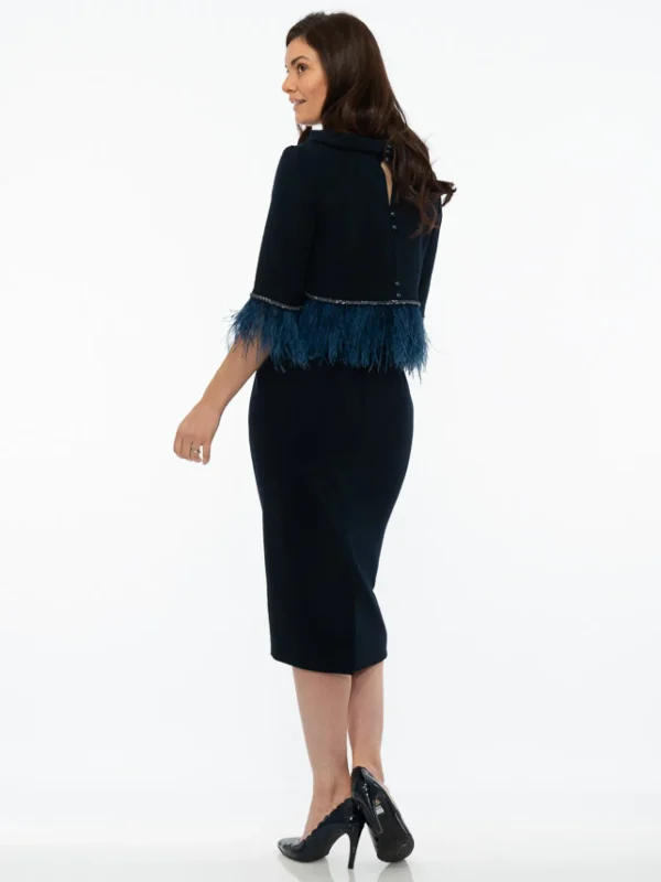 Fely Campo Navy Suit with Feather Trim