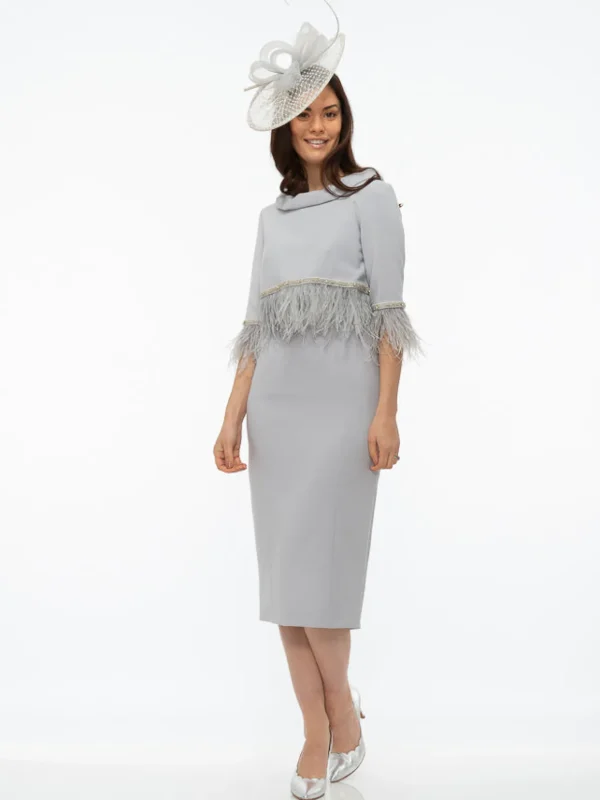 Fely Campo Silver Grey Suit with Feather Trim