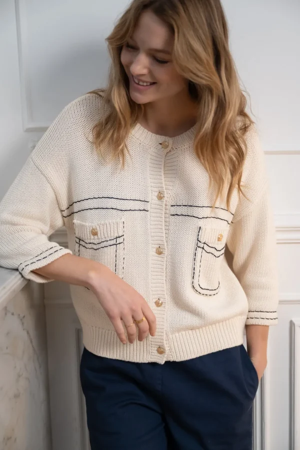 JEFF White Cardigan With Navy Stitching